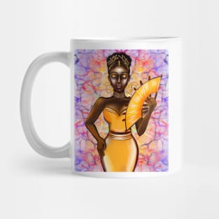 Queen Black is beautiful black girl with Gold earrings, necklace,  tiara, dress and fan with dark brown skin ! Mug